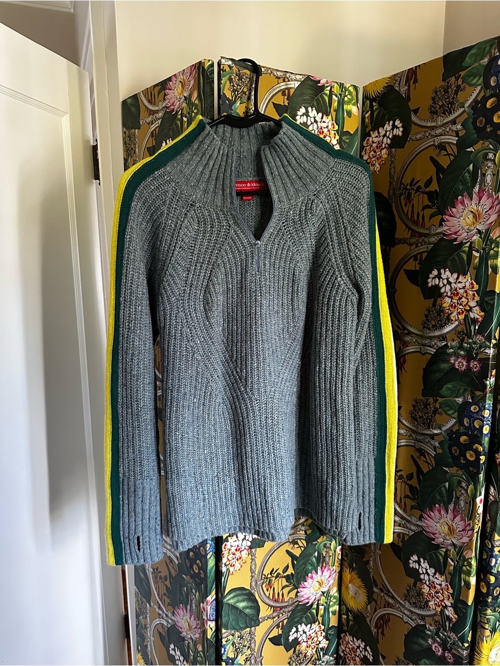 Krimson Klover Gray Crewneck Sweater with Green and Yellow Side Stripes